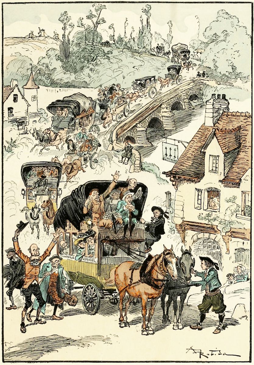 Vintage illustration of a crowded countryside town with a vintage car, horse-drawn carriages, and people in period clothing.