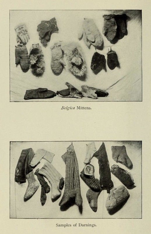 Two rectangular frames, each containing a collection of mittens. The top frame is labeled "Belgica Mittens" and the bottom frame is labeled "Samples of Darnings". The mittens are in various states of disrepair, with large patches and visible stitching.