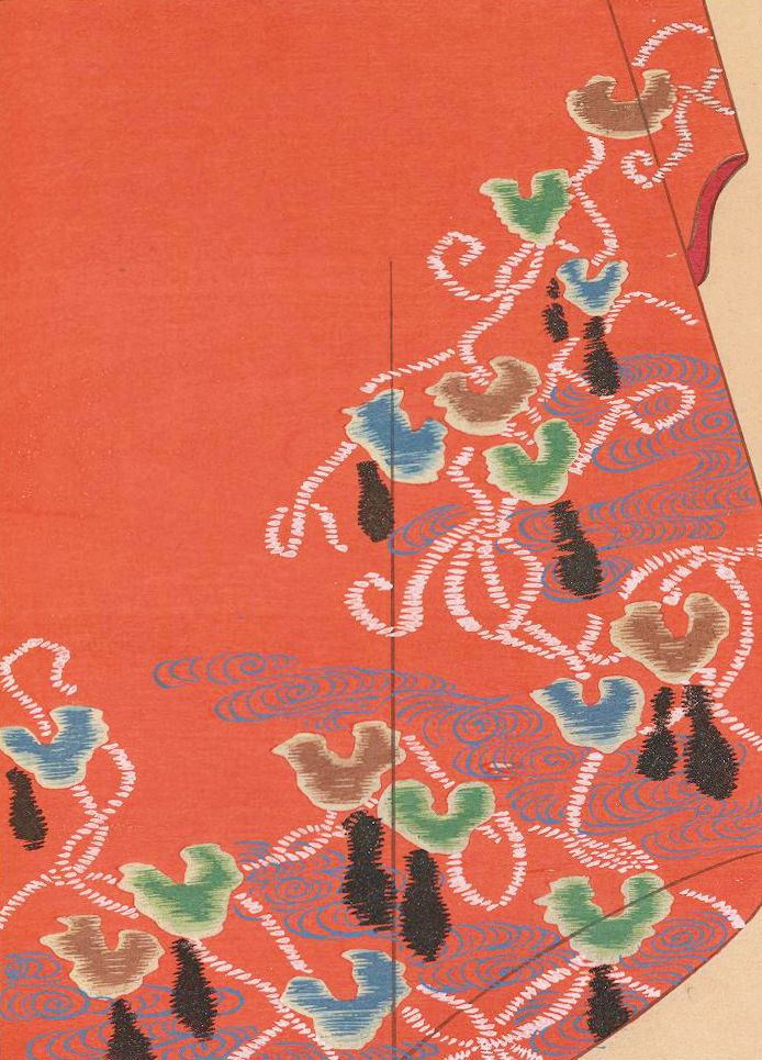 Close-up of a red kimono fabric with a pattern of birds and foliage.