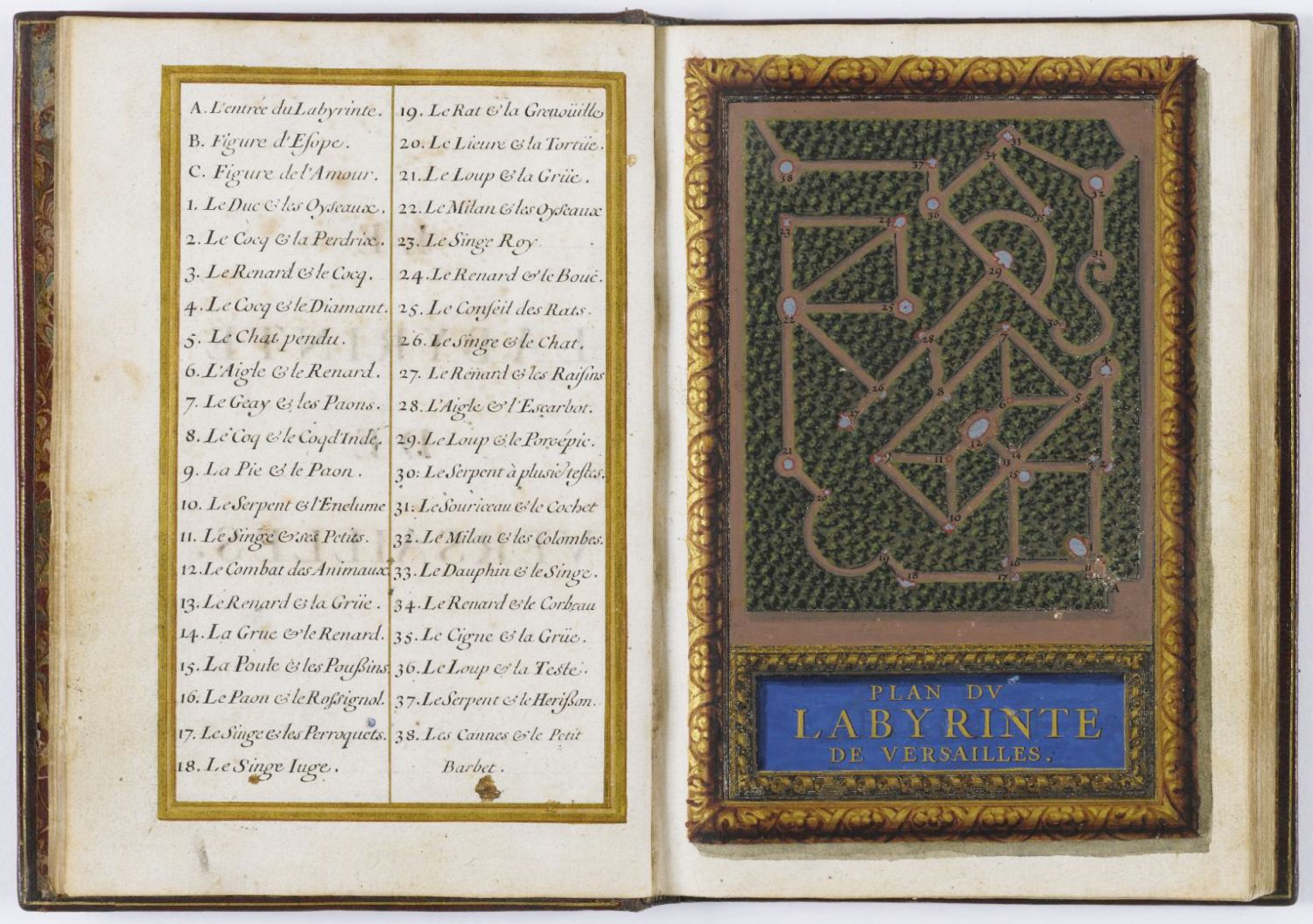 An open book with ornate covers. The left cover is a vibrant, intricate pattern of gold and green, with a detailed design that appears to be floral or vegetal. The right cover is a solid, deep green with a rectangular label in gold lettering that reads "PLAN DU LABYRINTHE DE VERSAILLES". The pages of the book are filled with dense, small text in French.