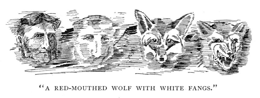 A black and white illustration showing a series of heads transitioning from a human face to a wolf's head, with the text "A RED-MOUTHED WOLF WITH WHITE FANGS." below.