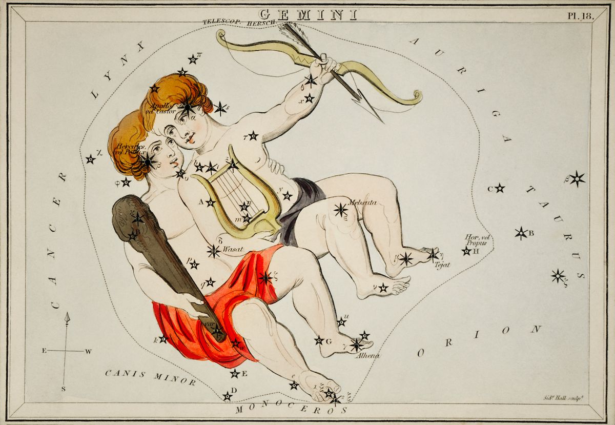 A vintage astronomical chart depicting the constellation Gemini, with two male figures reclining and embracing, surrounded by stars and labeled with letters. The chart is framed by a decorative border and includes the names of neighboring constellations.