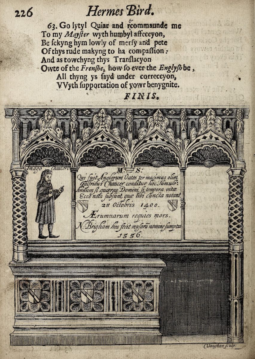 A detailed black and white engraving from a book, featuring a central figure surrounded by dense text and framed by an ornate border. The image includes architectural elements and is signed by Vaughan sculp.