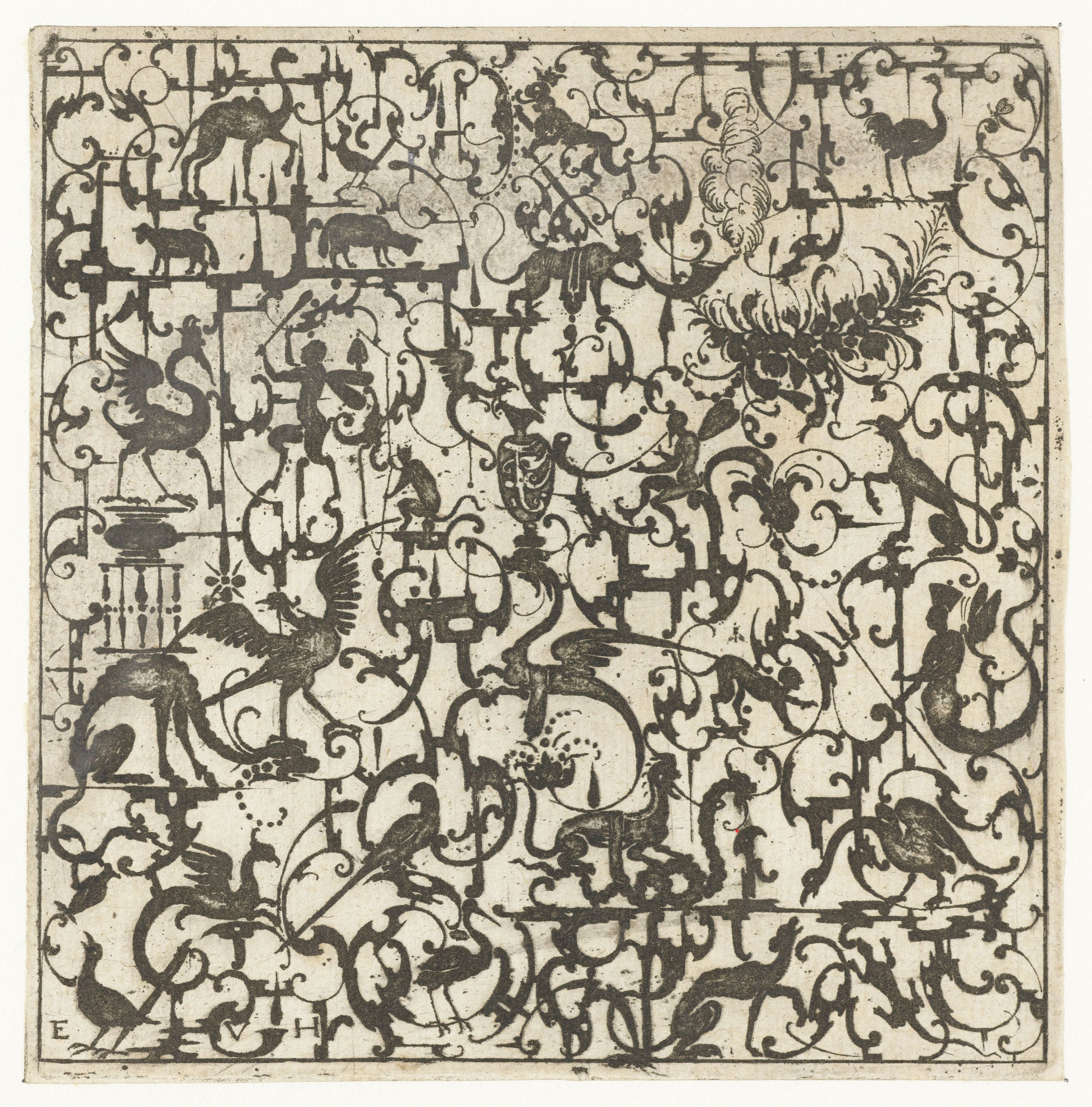 A detailed black and white engraving featuring a complex, all-over ornamental design with swirling scrollwork, foliage, and a multitude of animal figures.