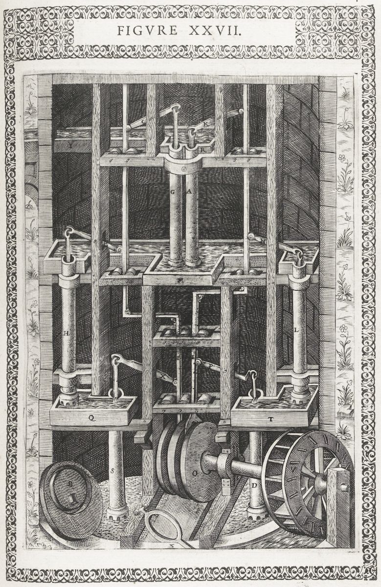 A detailed black and white engraving of a complex water-powered machine with wooden structure, water wheels, buckets, pulleys, and tanks. The image is framed by a decorative border and labeled with letters.