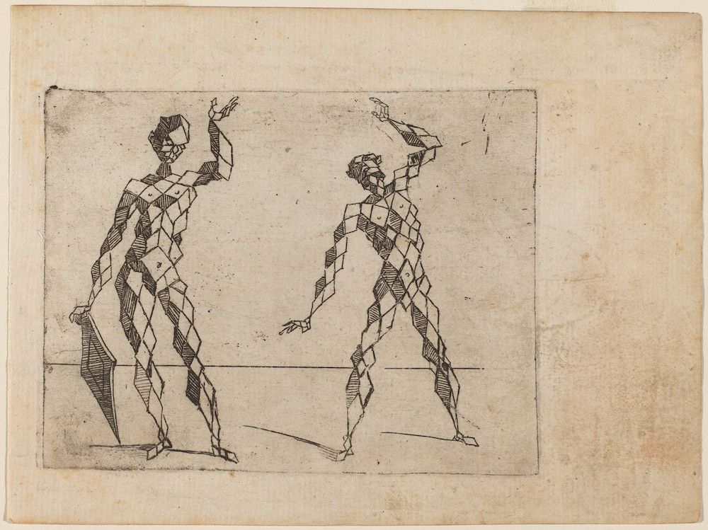 A black and white drawing on cream-colored paper depicting two figures in dynamic poses, rendered in a highly geometric and fragmented style.