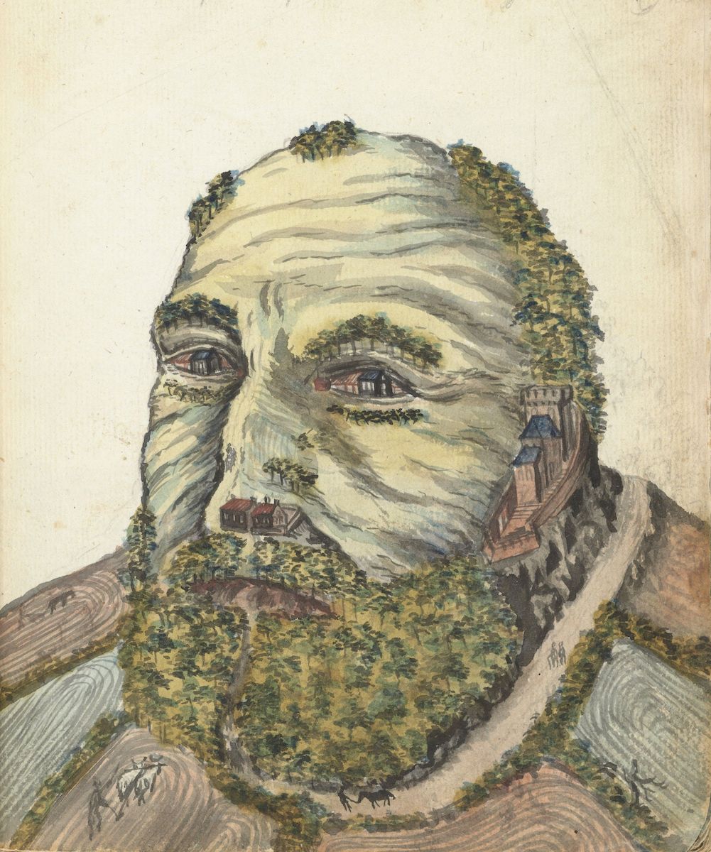 Watercolor painting of a man whose face is a landscape with buildings, trees, and roads.