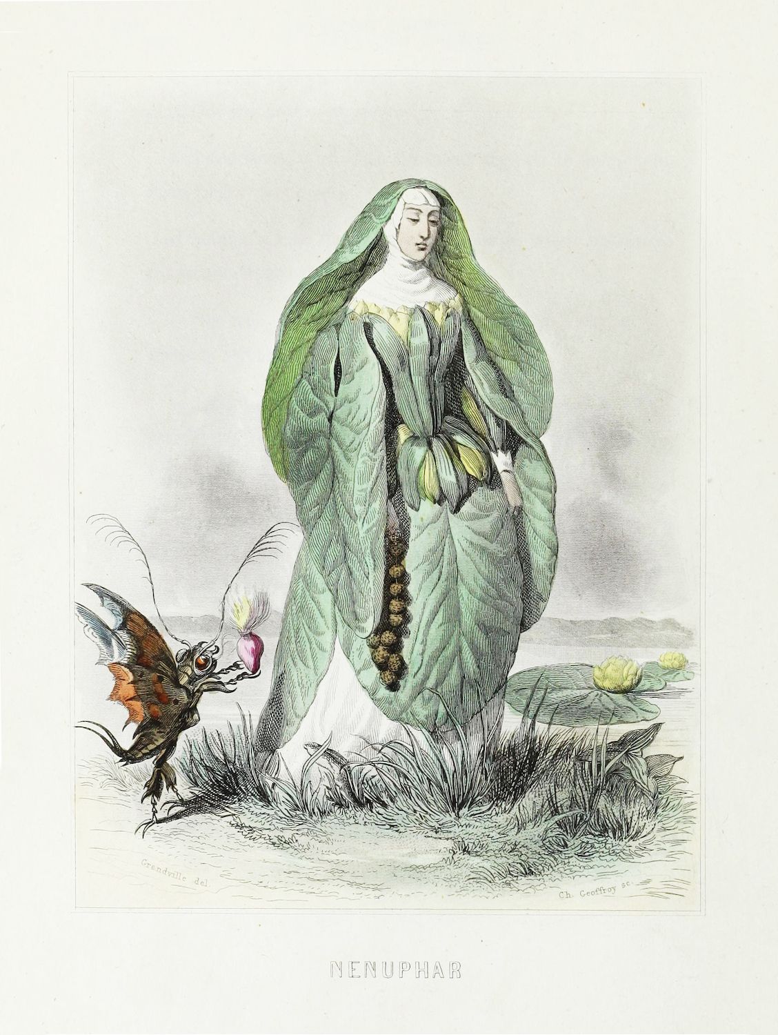 Vintage lithograph of a woman formed from water lily pads, titled 'Nénuphar'. A colorful butterfly hovers near her, and small water lilies float in the background.