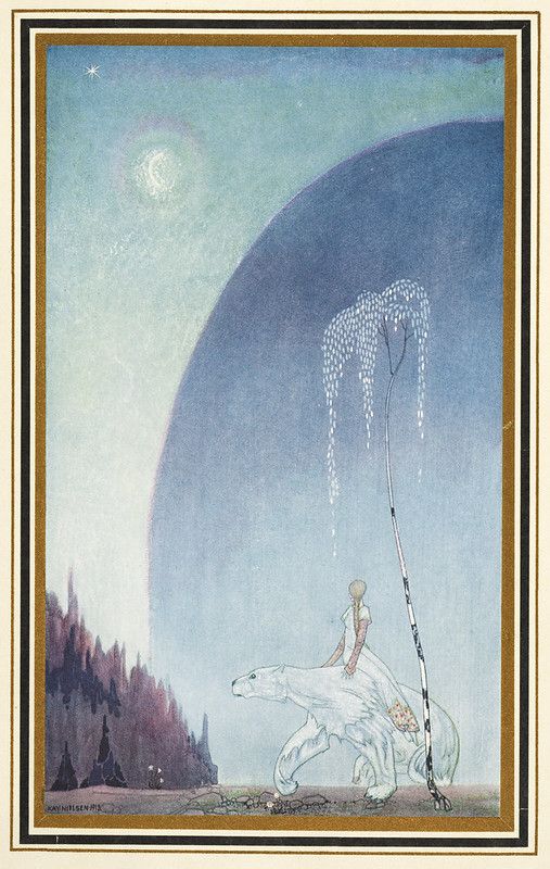 A vintage illustration depicting a skeletal figure riding a polar bear under a luminous moon and stars, with a silhouetted forest in the background.