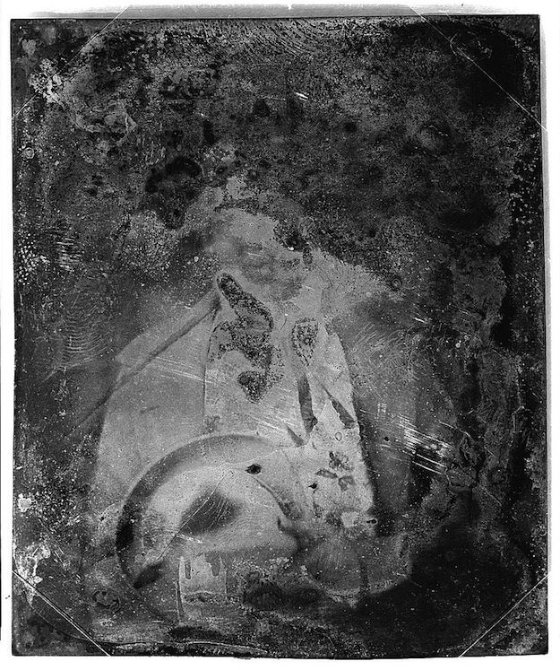 A vintage-style black and white photograph of a curled-up rabbit with a distressed, aged quality.