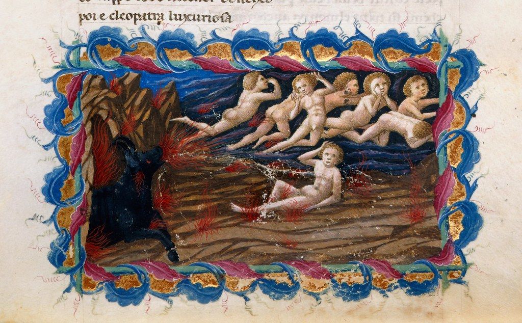 Medieval manuscript illumination of cherubs playing in water, framed by an ornate border.