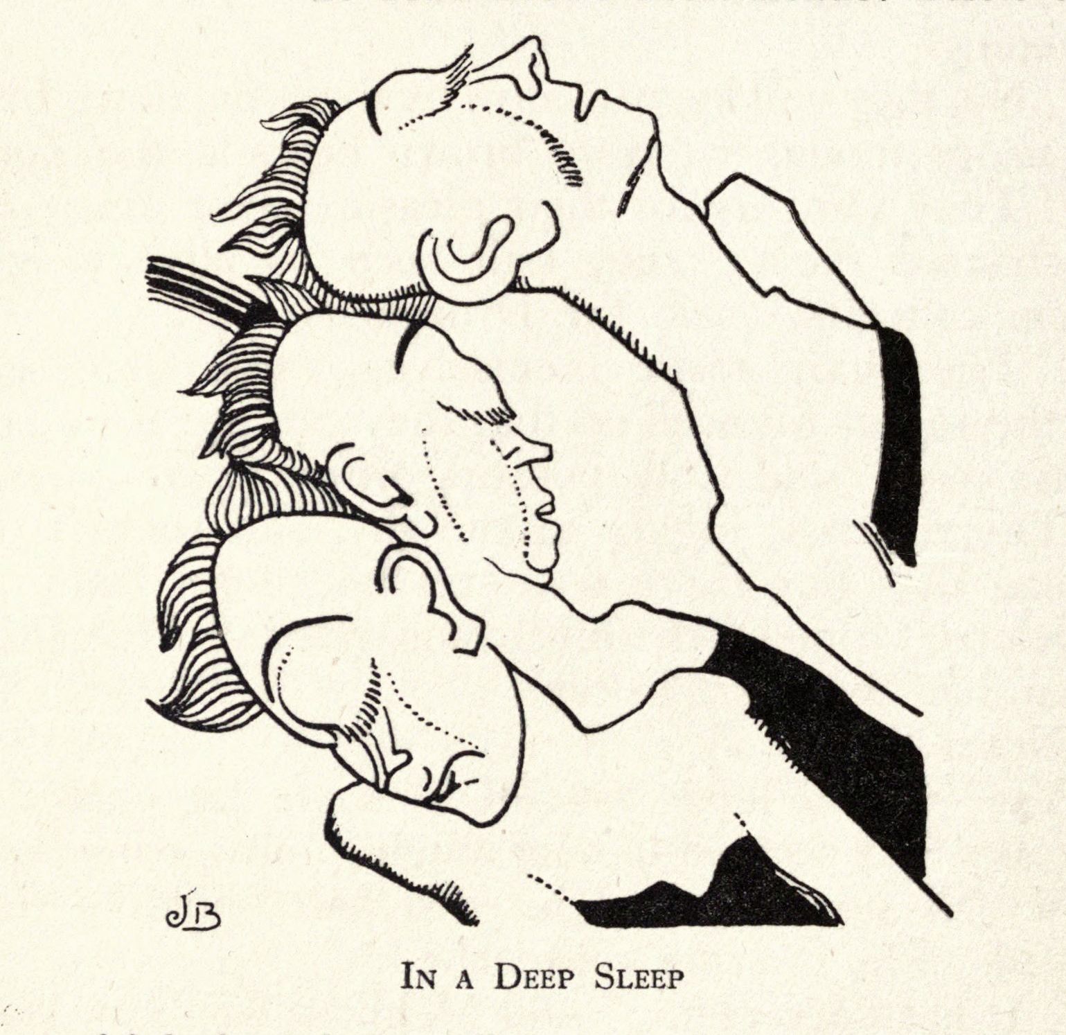 A black and white illustration of a person sleeping in a bed, with the text 'IN A DEEP SLEEP' below.