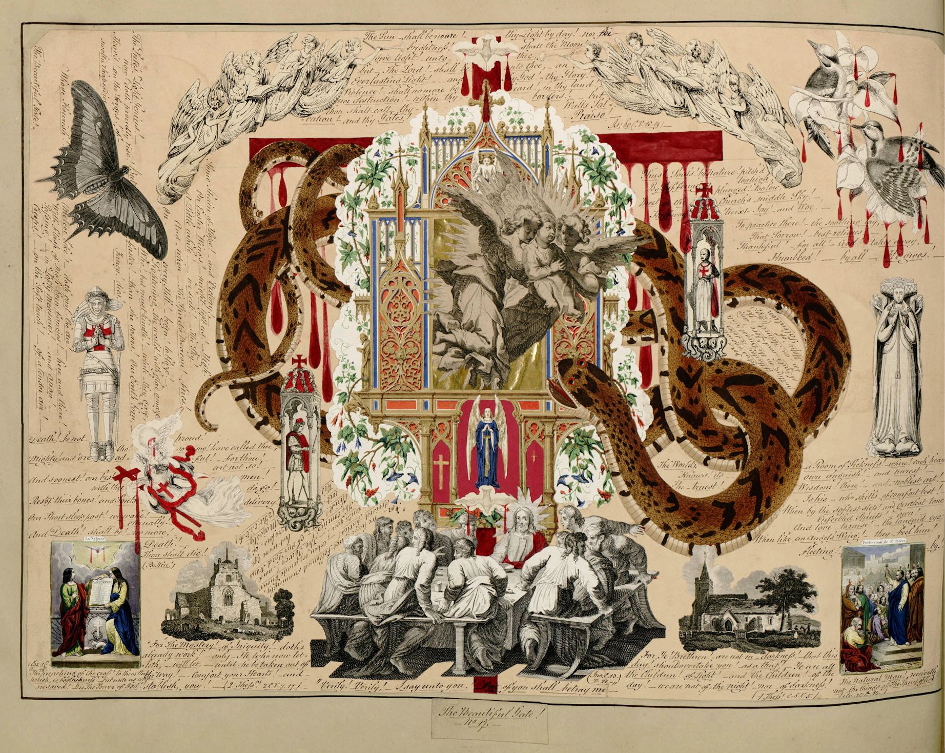 A detailed, ornate, and somewhat chaotic image reminiscent of a Victorian-era illuminated manuscript or a devotional print. The central focus is a highly decorated altar, featuring a religious scene with figures in robes and a prominent cross. The altar is framed by elaborate scrollwork, foliage, and what appear to be candles with dripping wax. Two large, spotted leopards or panthers flank the altar, their bodies curving around it in a symmetrical fashion. 

Around the central scene, the image is filled with a dense arrangement of smaller vignettes, text, and decorative elements. These include scenes of buildings, landscapes, figures in various poses, and what appears to be handwritten text in a cursive script. There are also images of a knight, a butterfly, an eagle, and a dove scattered throughout the composition. The overall effect is one of rich detail and symbolic imagery, typical of religious art from the 19th century. The color palette is muted, with shades of red, green, brown, and gold dominating the composition. The image appears to be a complex and layered work, possibly intended as a devotional aid or a commemorative piece.