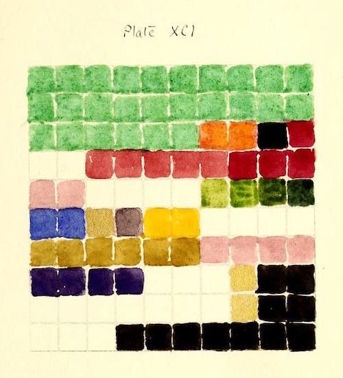 A color palette with watercolor swatches arranged in a grid, showcasing a variety of hues.