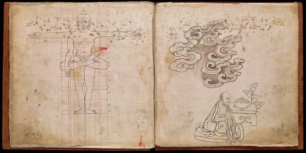 Open book with anatomical drawing on the left page and a monk with a bowl of plants on the right page.
