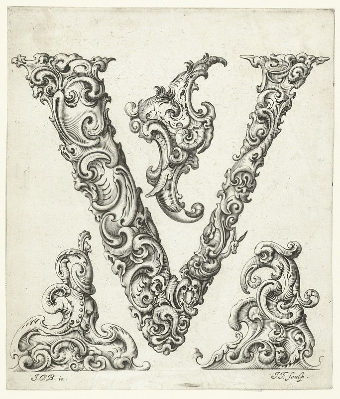 A detailed black and white engraving of the letter 'V' heavily ornamented with intricate scrollwork and floral designs. Inscriptions at the bottom read 'I.C.B. in.' and 'I.F. Sculp.'