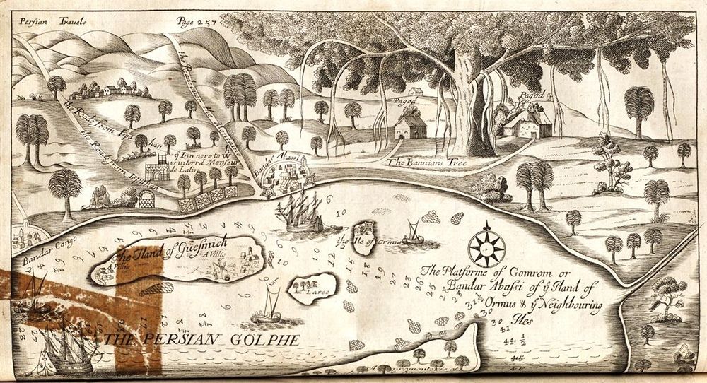 Vintage map of a coastal landscape with islands, ships, and labeled locations.
