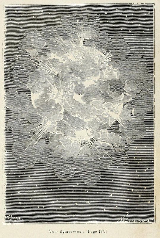 Vintage illustration of a celestial event with swirling clouds, stars, and radiating light.