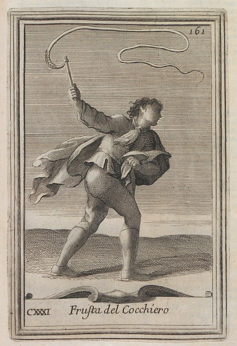 A black and white engraving of a man wielding a whip, with text below in Italian.