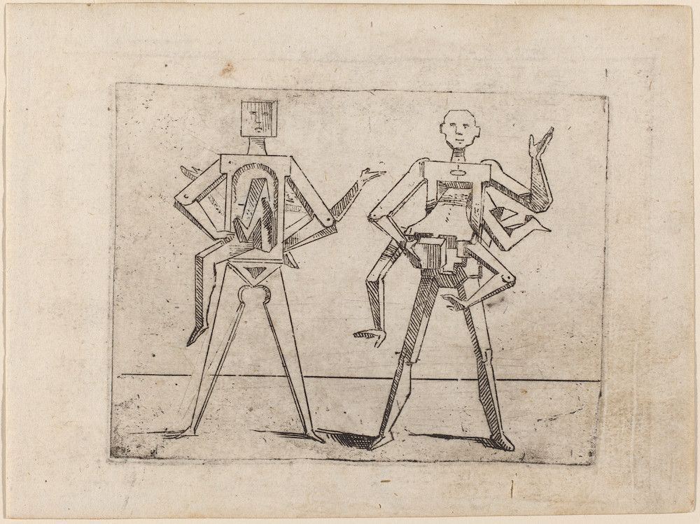 Black and white line art drawing of two abstract figures.