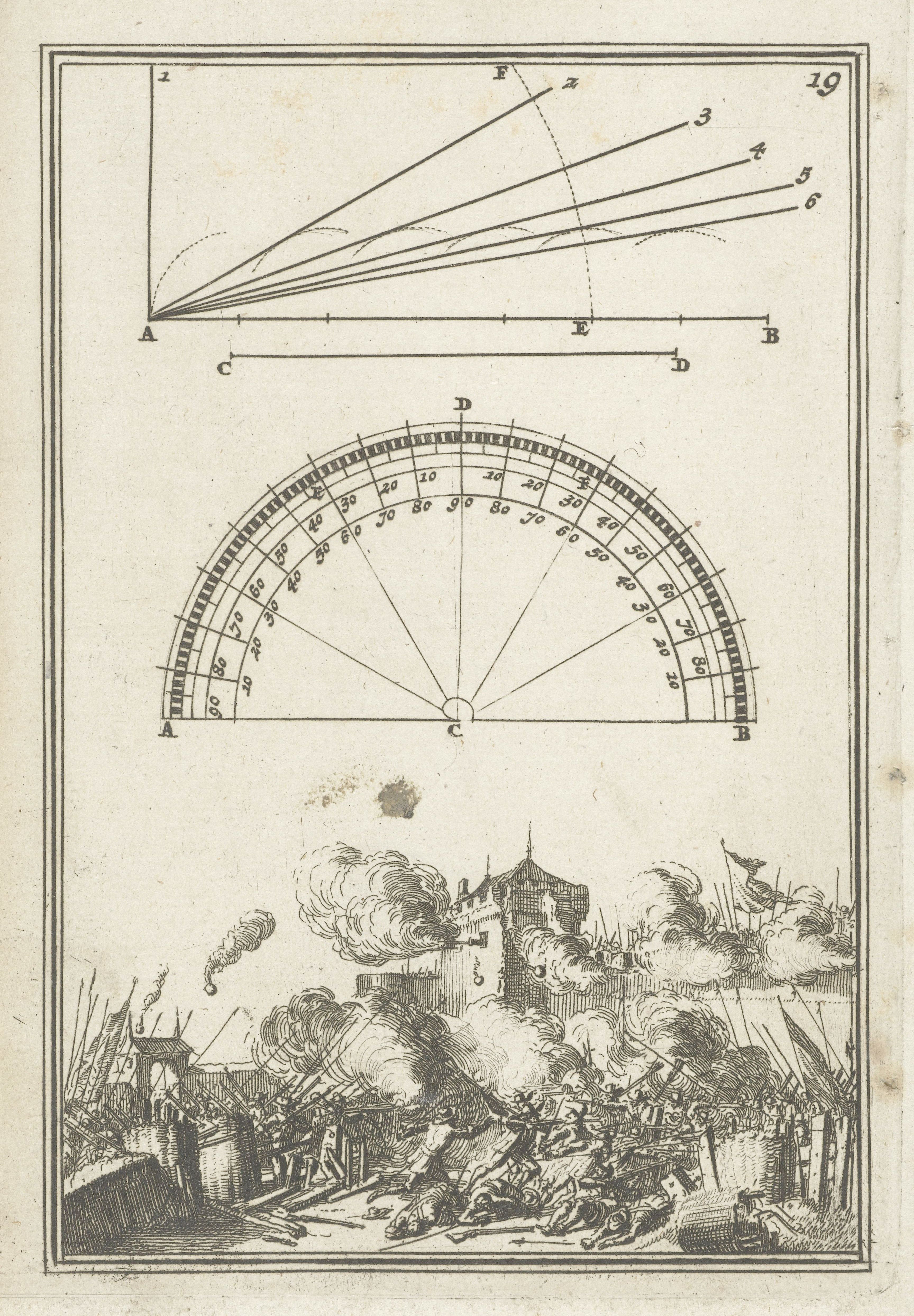 A page from an old book with a geometric diagram, a circular scale, and an illustration of a city under siege.