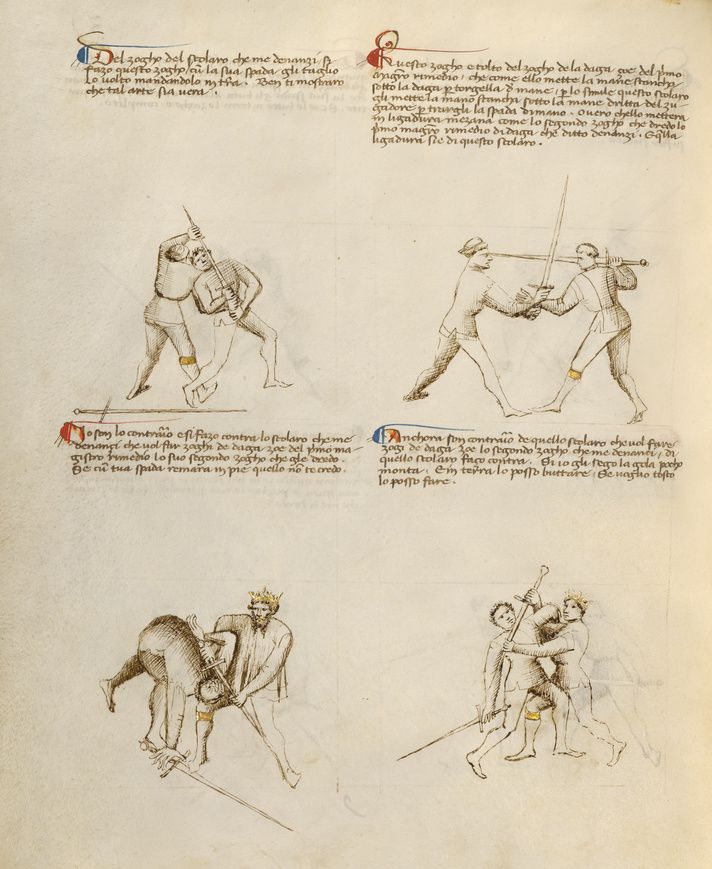 A page from a medieval manuscript depicting four illustrations of sword fighting and wrestling.