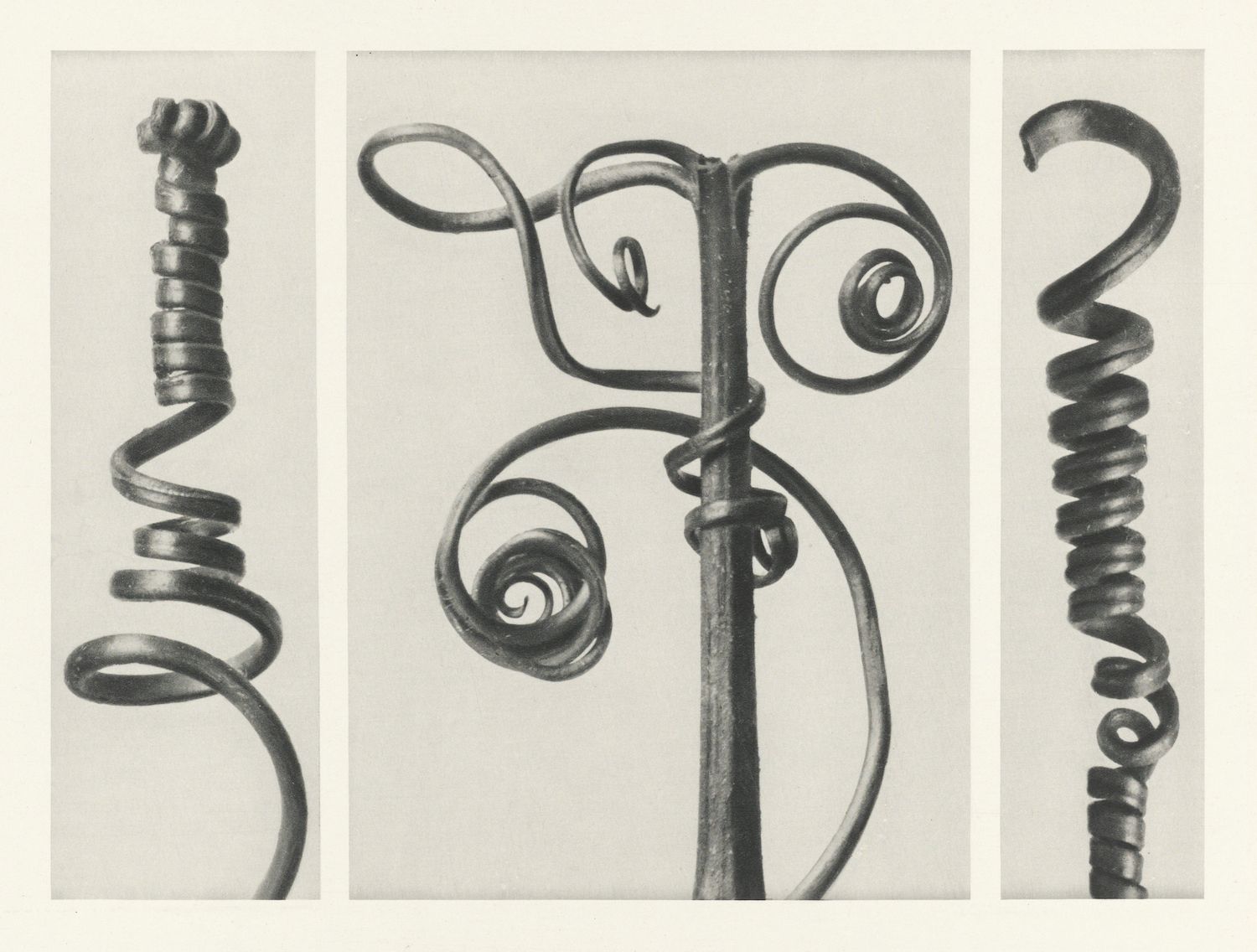 A triptych of wrought iron designs, each panel featuring a different ornate scroll or spiral element.
