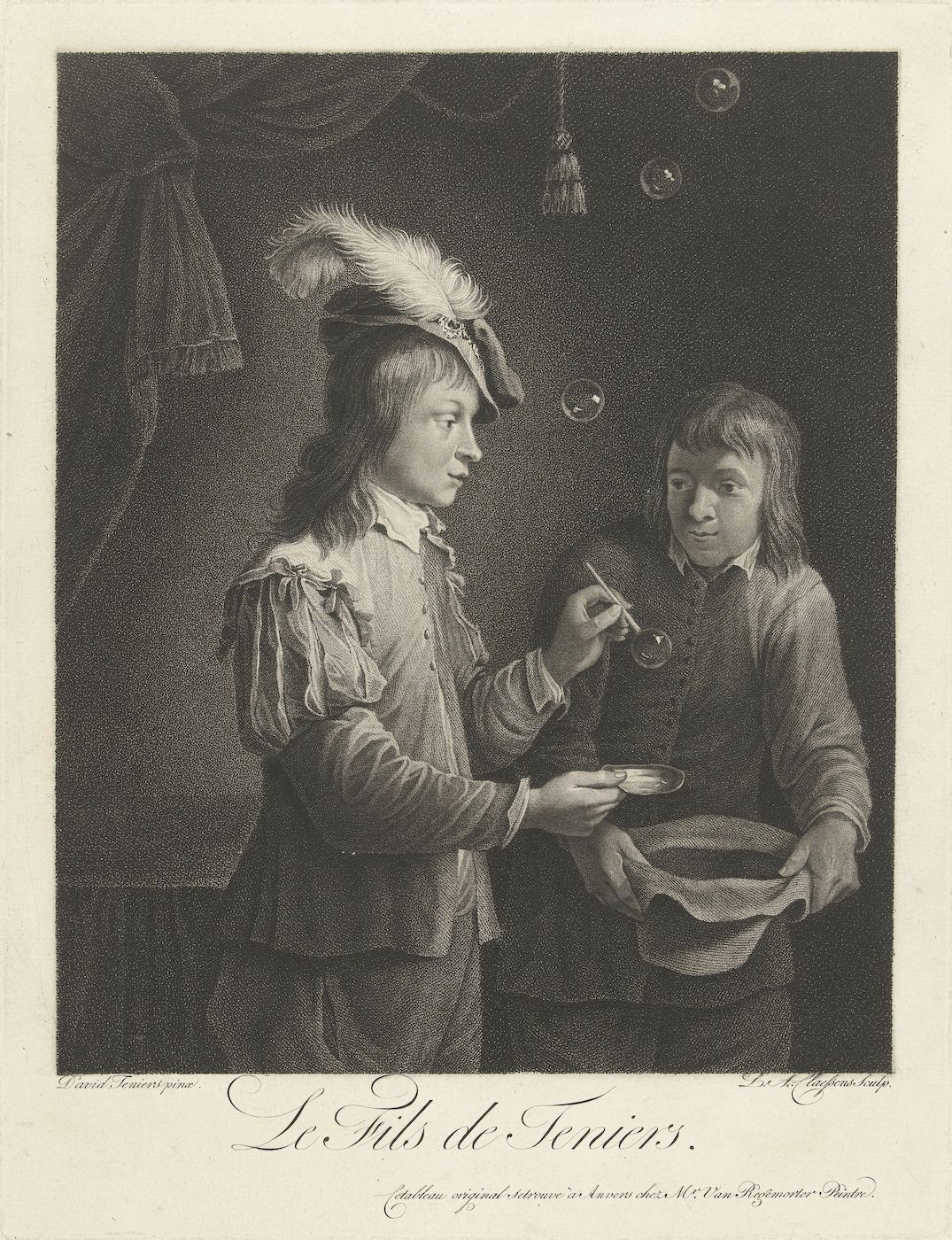 Black and white engraving of two boys in a domestic setting. The boy on the left is dressed in a lavish outfit and holds a book, while the boy on the right is dressed more simply. Behind them is a dark wall with a draped curtain and a tassel.