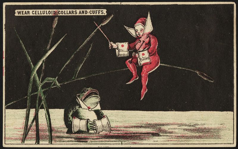 Vintage trade card advertising celluloid collars and cuffs, depicting a frog wearing a collar and cuffs and a small figure presenting more collars and cuffs.