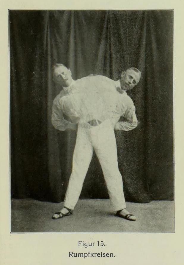 Vintage black and white photograph of two men doing a physical exercise, one supporting the other on his back. They are wearing athletic clothing and sandals. Text below reads 'Figur 15. Rumpfkreisen.'