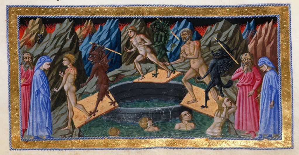Medieval manuscript illumination depicting a scene from Dante's Inferno, with nude figures being tormented by demons in a pool of boiling liquid.