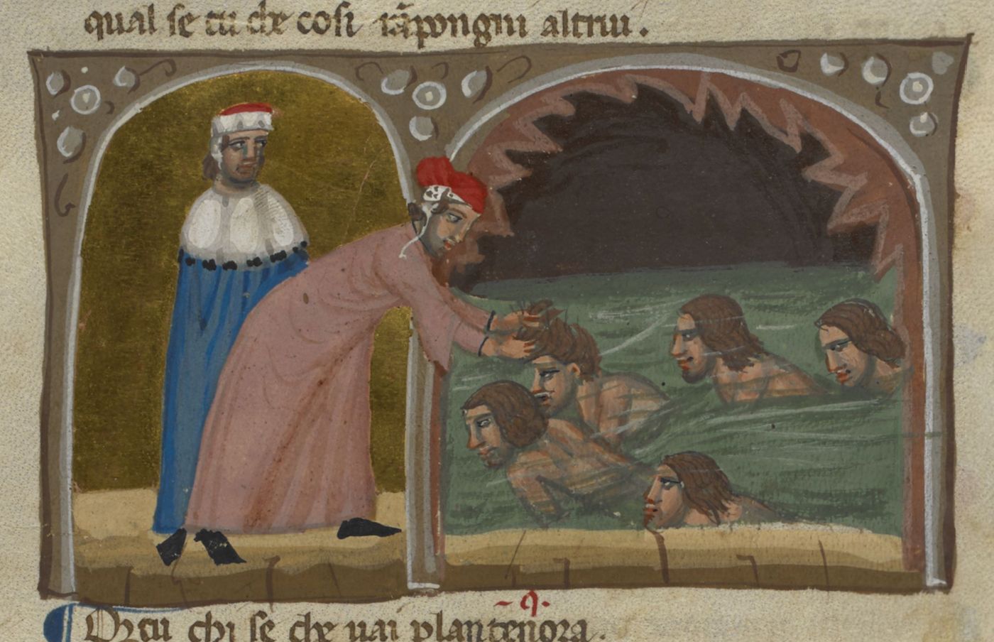A medieval manuscript illustration depicting a man reaching towards a pit filled with heads submerged in water.