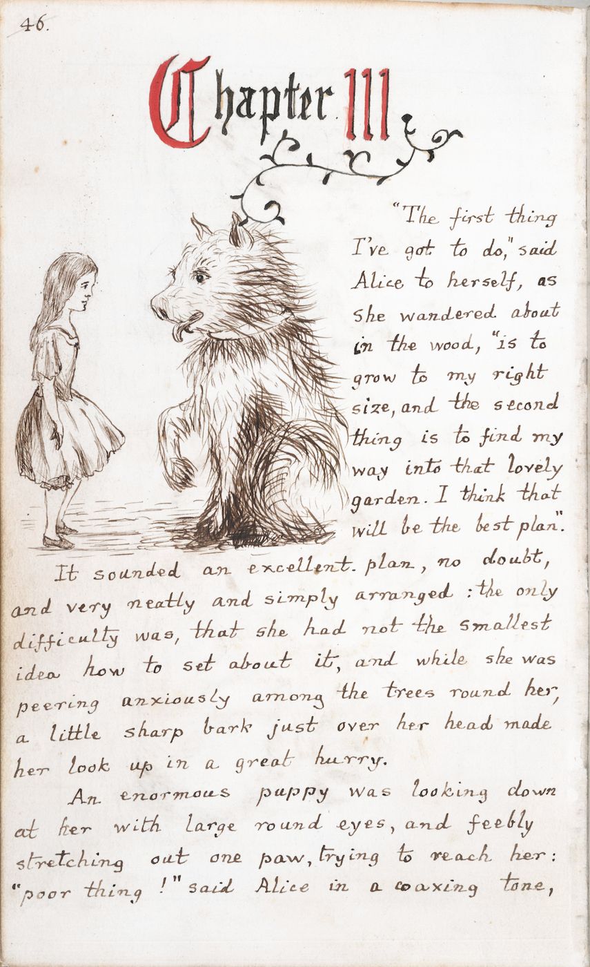 A vintage illustration of Alice standing near a giant puppy in a forest, with text describing the scene.