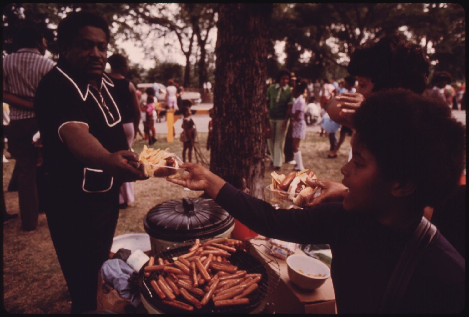 A vintage-style photograph of a person handing a plate of fries to another person at an outdoor event. A table laden with food is in the foreground, and a crowd of people and a large tree are visible in the background.