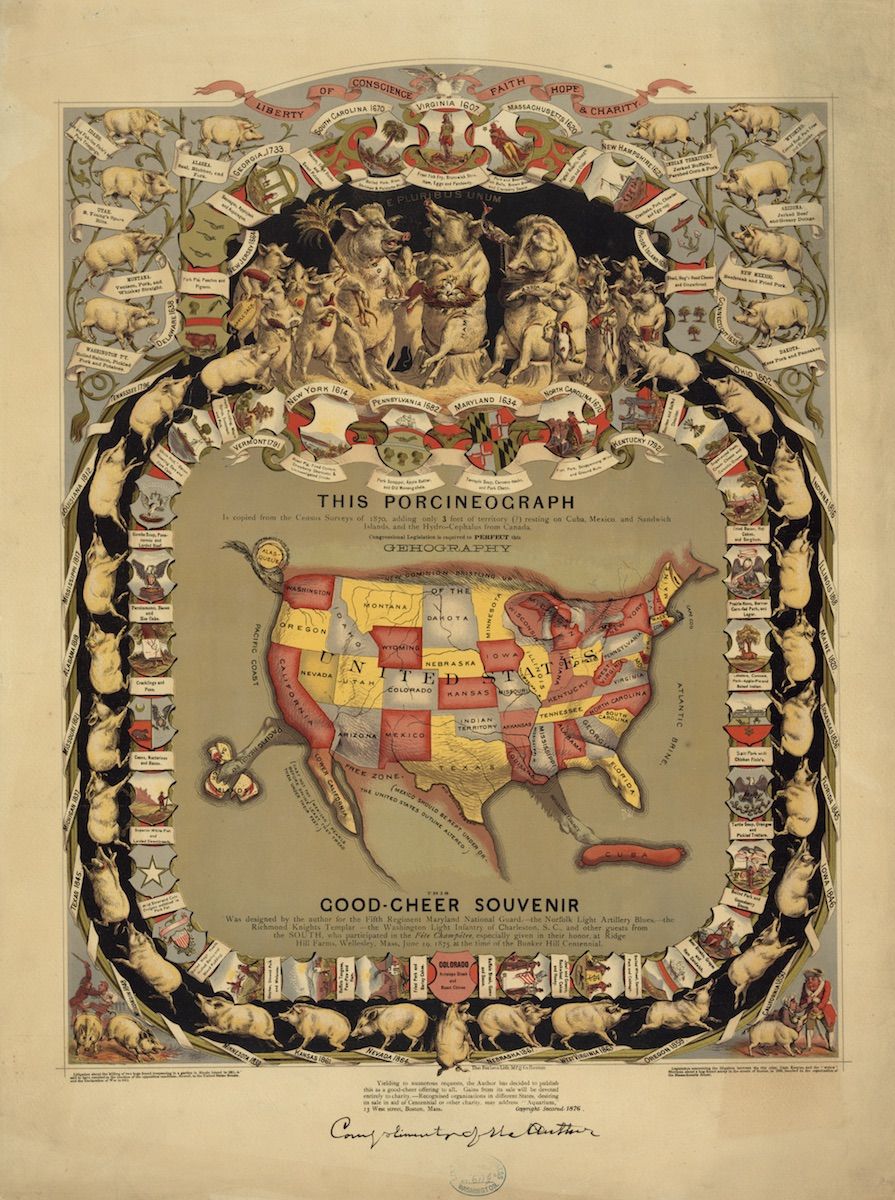 A vintage illustration titled "Good-Cheer Souvenir" and "This Porcineograph". It's a map of the United States shaped like a pig, surrounded by a decorative border featuring illustrations of people, animals, and scenes representing virtues.
