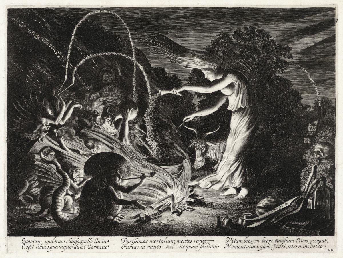 Black and white engraving of a nude woman surrounded by demons and fire.