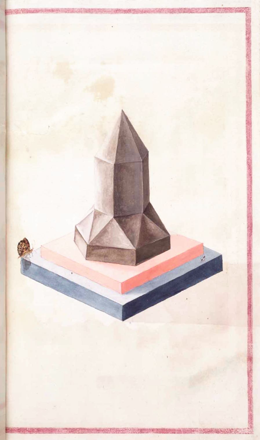 Watercolor painting of a geometric sculpture on a layered base with insects.