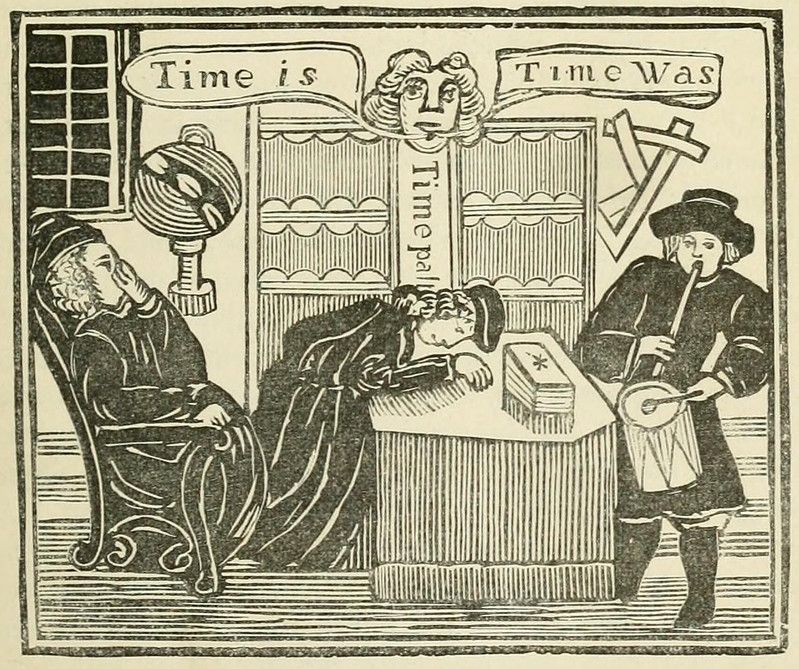 A black and white woodcut illustration depicting three figures in a room, with text reading 'Time is' and 'Time Was'. An elderly man sits on the left, a person is seated at a table in the center, and a young man plays a musical instrument on the right. An hourglass and scales hang above the table.