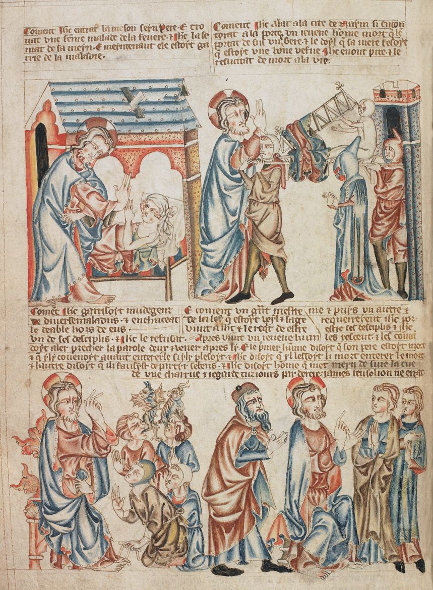 A medieval manuscript page with four scenes depicting scholars writing and discussing books.