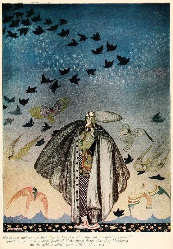 A vintage illustration of a figure surrounded by a swarm of birds in a field under a twilight sky.