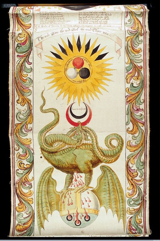 Antique illustration of a green dragon perched on a flaming globe, with a sun, moon, and stars above. The image is framed by an ornate border and contains text at the top and bottom.