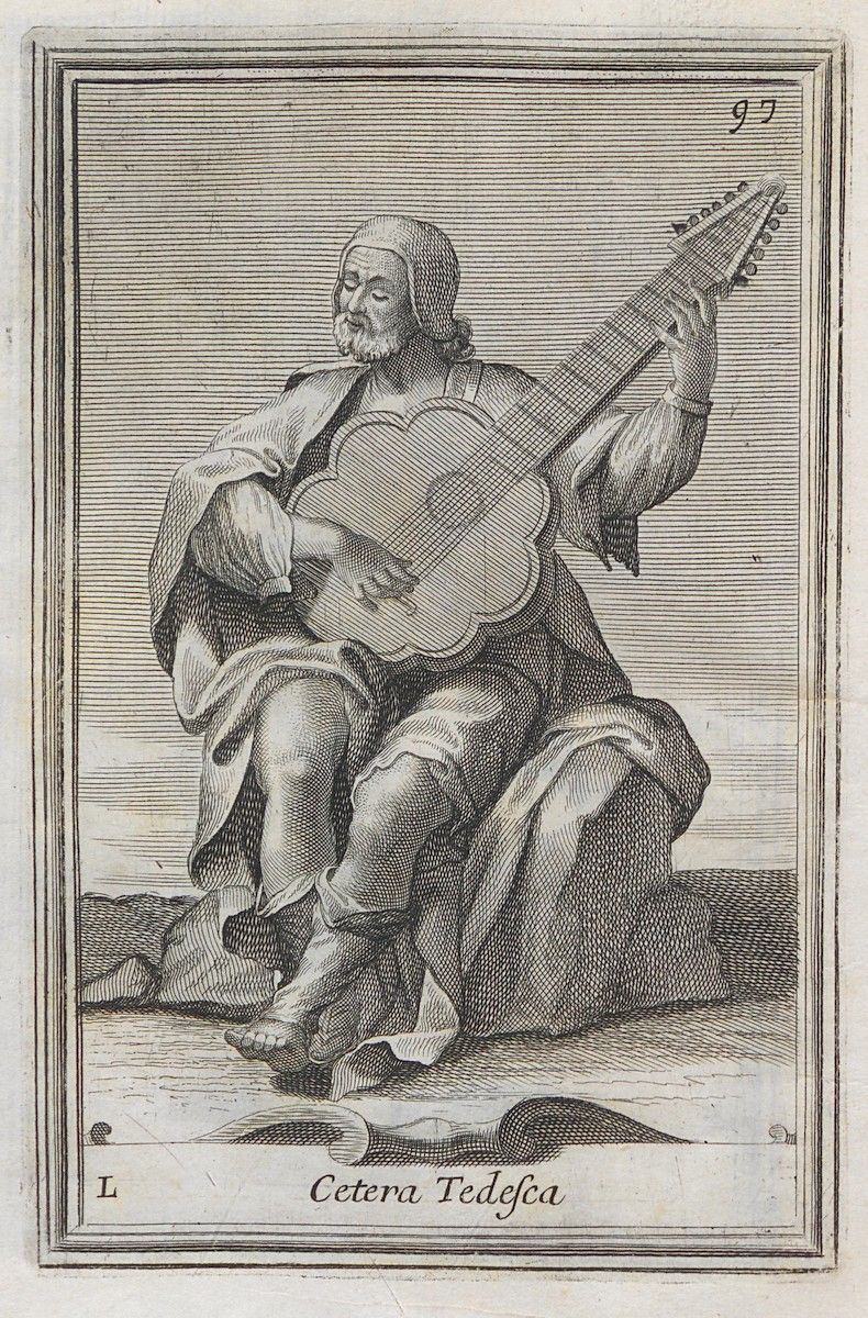 Black and white engraving of a man playing a stringed instrument.