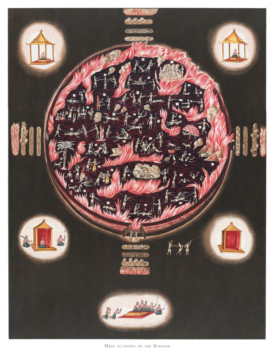 A detailed, circular illustration titled "Hell According to the Burmese." It depicts a complex and crowded vision of hell, filled with numerous small figures engaged in various forms of torment and punishment.