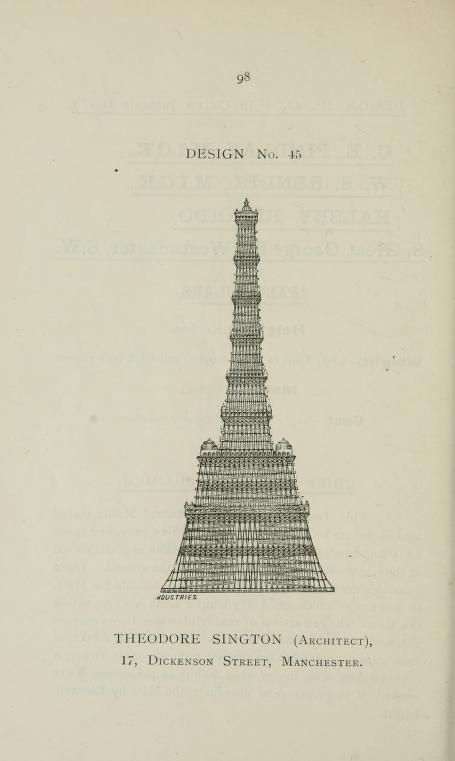 Vintage architectural design illustration of a tiered tower with text identifying the architect and location.