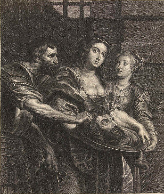 A black and white engraving depicting a dramatic scene of a man presenting a plate with a severed head to two women in a dungeon setting.