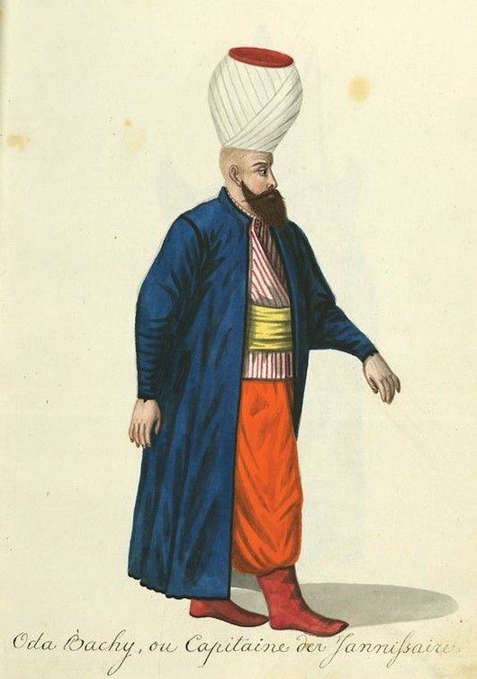 Watercolor painting of a man in Ottoman attire, labeled 'Oda Bachy, ou Capitaine des Janissaires'.