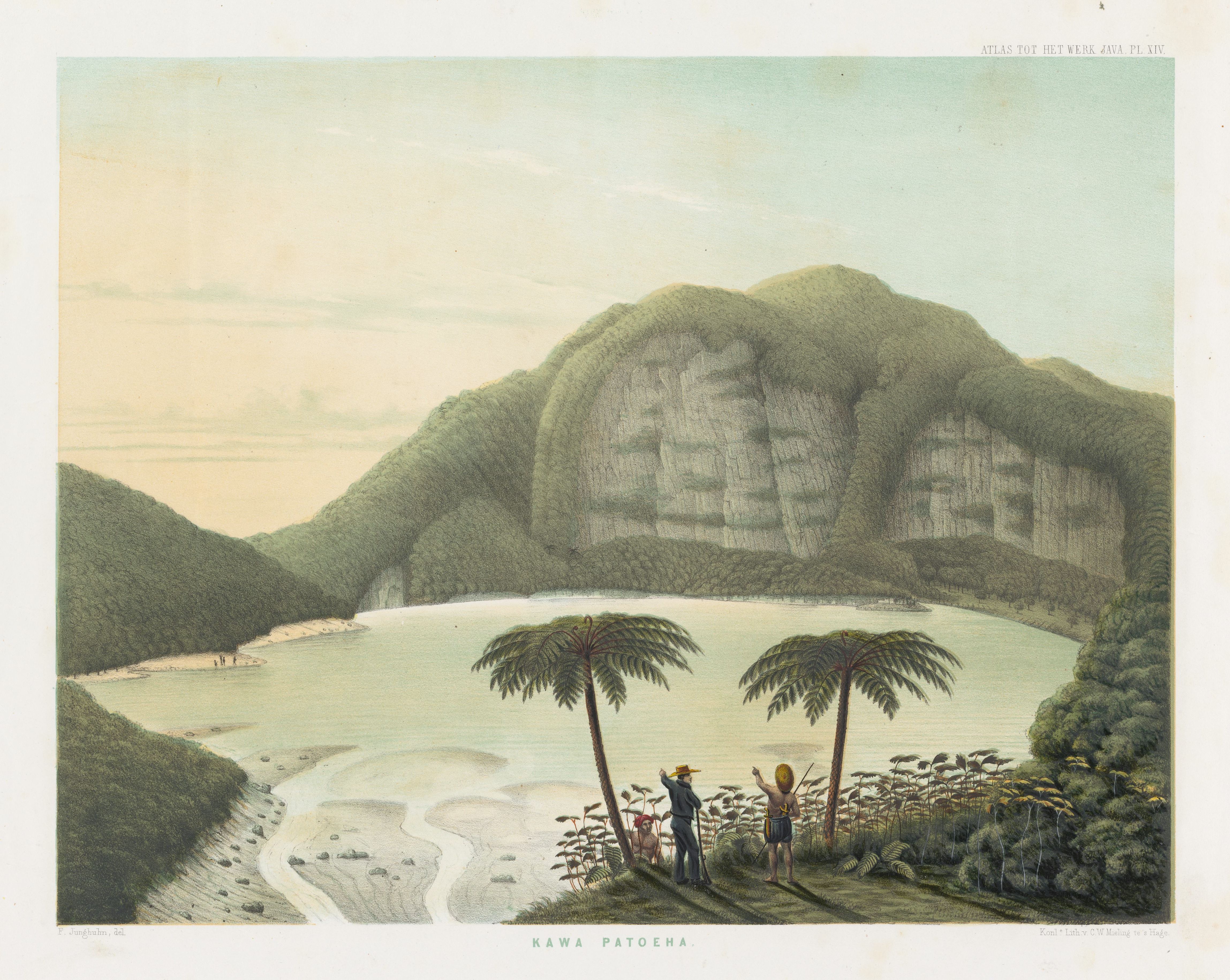 Vintage landscape painting of a bay with mountains, beach, and palm trees.