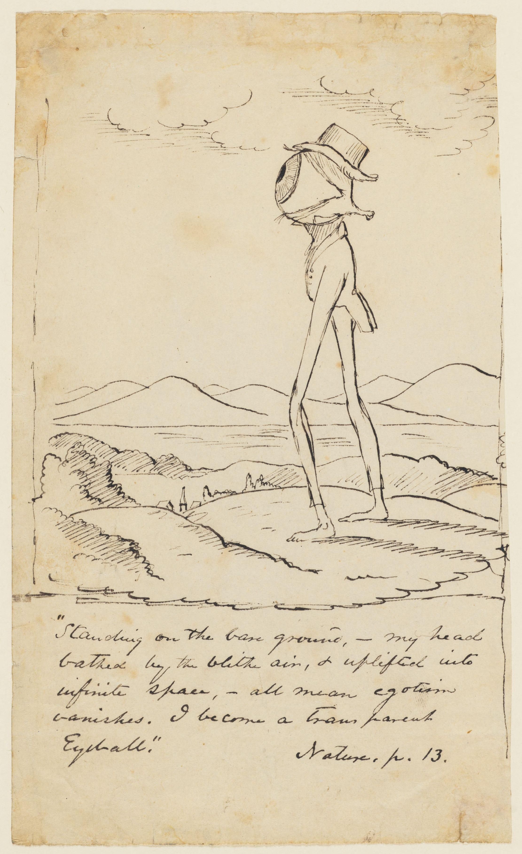 A vintage pen and ink drawing of a tall, slender figure with a top hat standing on a hill, with a landscape of rolling hills and trees in the background. Handwritten text in cursive is below the drawing.