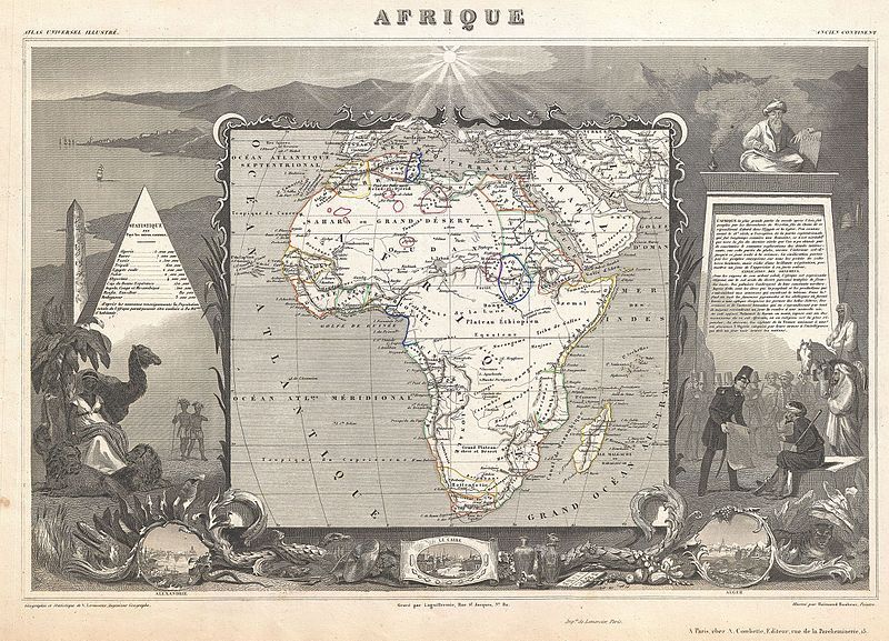 Vintage black and white map of Africa with ornate illustrations and French text.