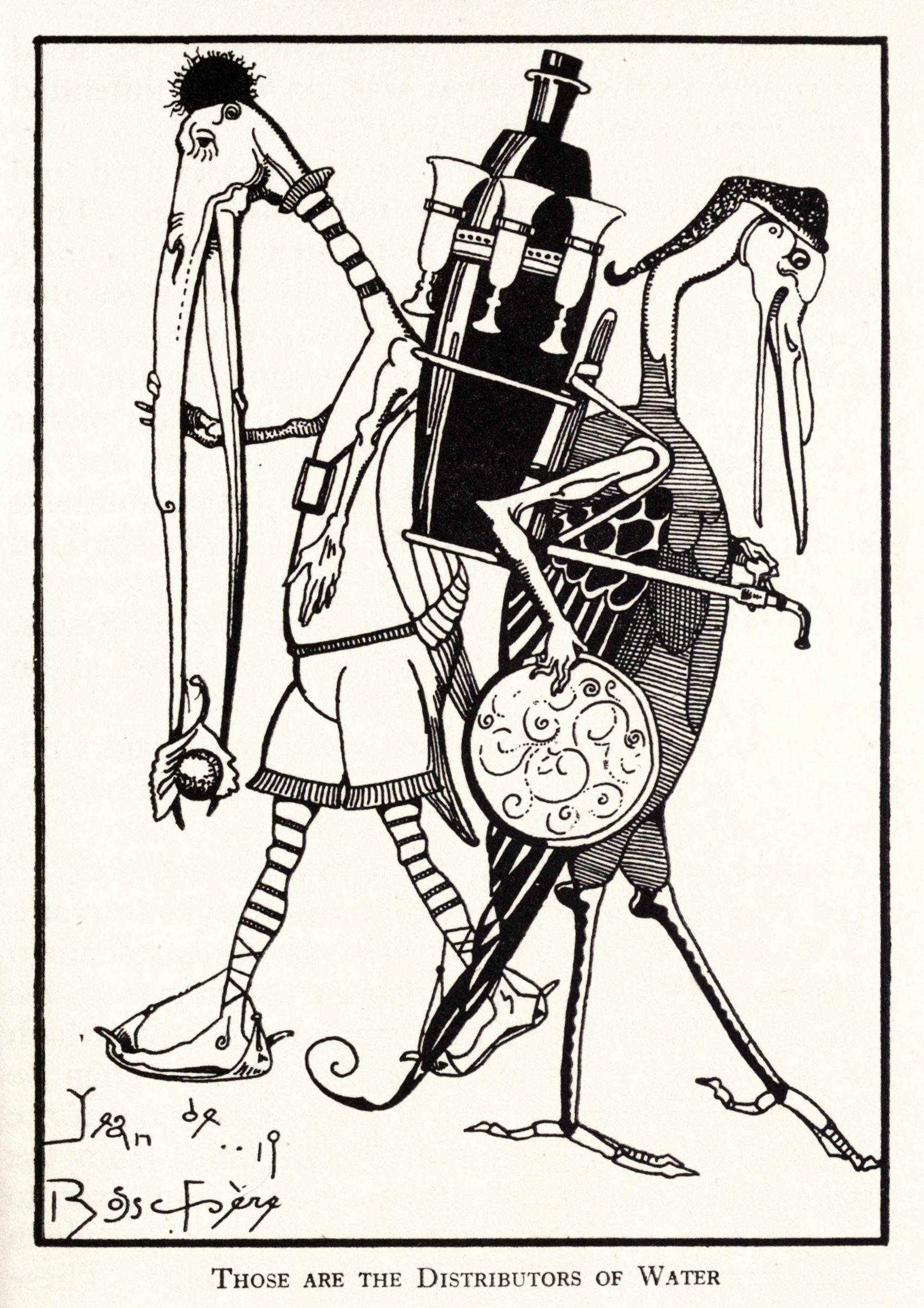A black and white illustration of two bird-like figures flanking a complex water distribution machine. The figures are elongated and angular, with elaborate headgear and patterned clothing. The machine is highly detailed and intricate, with a steampunk aesthetic. The background is plain white. Text at the bottom reads 'THOSE ARE THE DISTRIBUTORS OF WATER'.